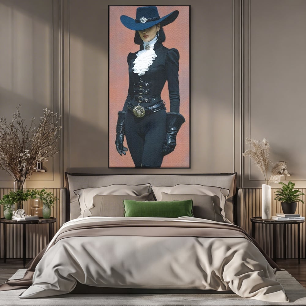 Tablou canvas cu tablou canvas cu femeie aristocrata imbracata in negru, in rama de aluminiu negru, pe perete intr-un dormitor